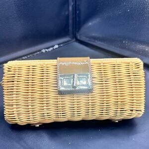 J.Crew Natural Rattan Tan Leather Strap Gold Tone Turn Lock Clutch $88 NWOT